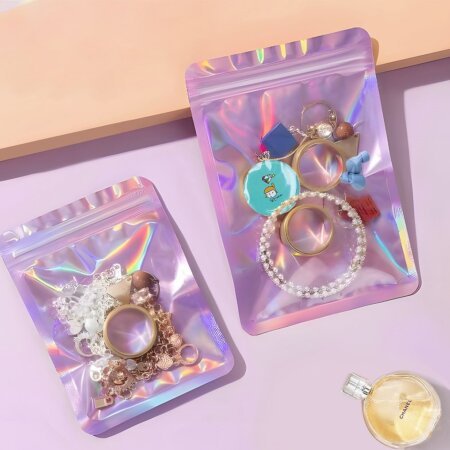 Sachets Zip Holographiques Roses Transparents pour Emballage