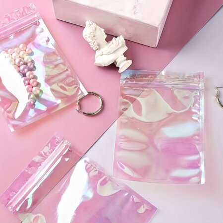 Sachets Zip Roses Holographiques Transparents pour Emballage